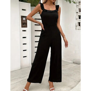 Black Backless Ruffle Trim Jumpsuit